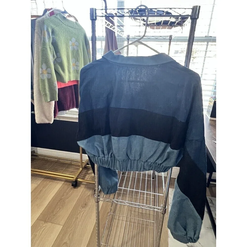 SHEIN Blue Cut And Sew Zip Up Crop Denim Jacket Size Medium Woman's